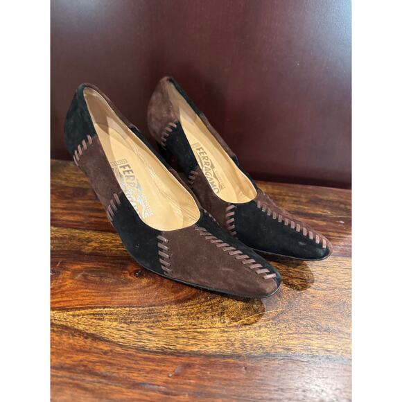 Ferragamo Color Block Patchwork Heels – Black & Brown Suede – Size 6 - Picture 1 of 7